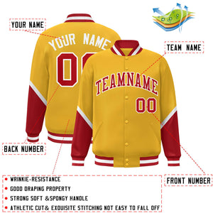 Custom Gold Red Varsity Full-Snap Color Block Letterman Baseball Jacket