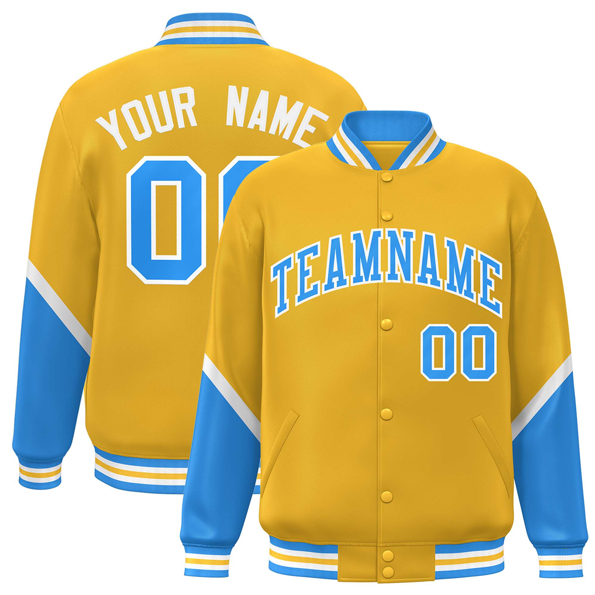 Custom Gold Powder Blue Varsity Full-Snap Color Block Letterman Baseball Jacket