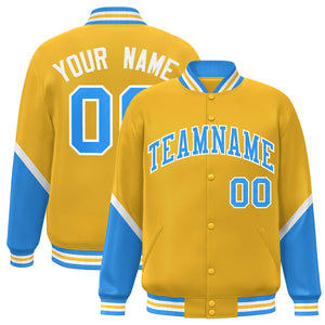 Custom Gold Powder Blue Varsity Full-Snap Color Block Letterman Baseball Jacket