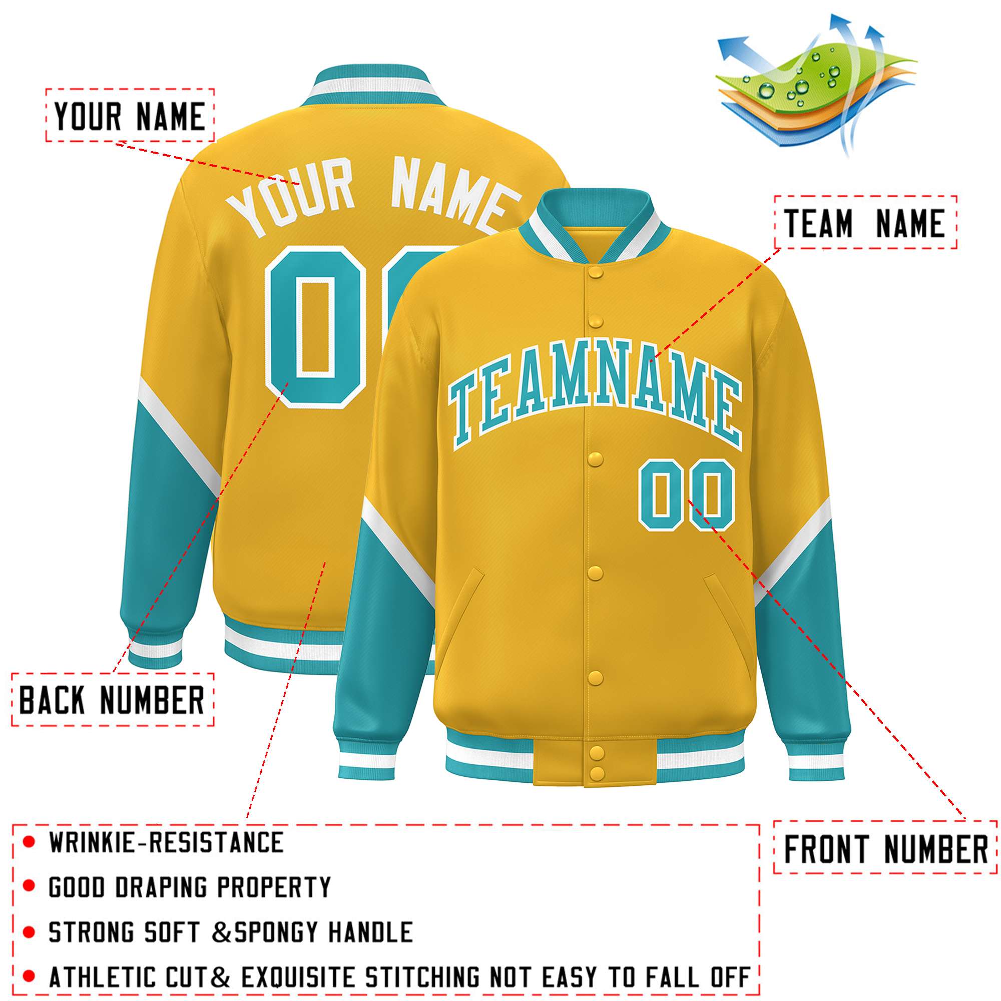 Custom Gold Aqua Varsity Full-Snap Color Block Letterman Baseball Jacket