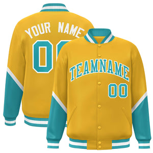 Custom Gold Aqua Varsity Full-Snap Color Block Letterman Baseball Jacket