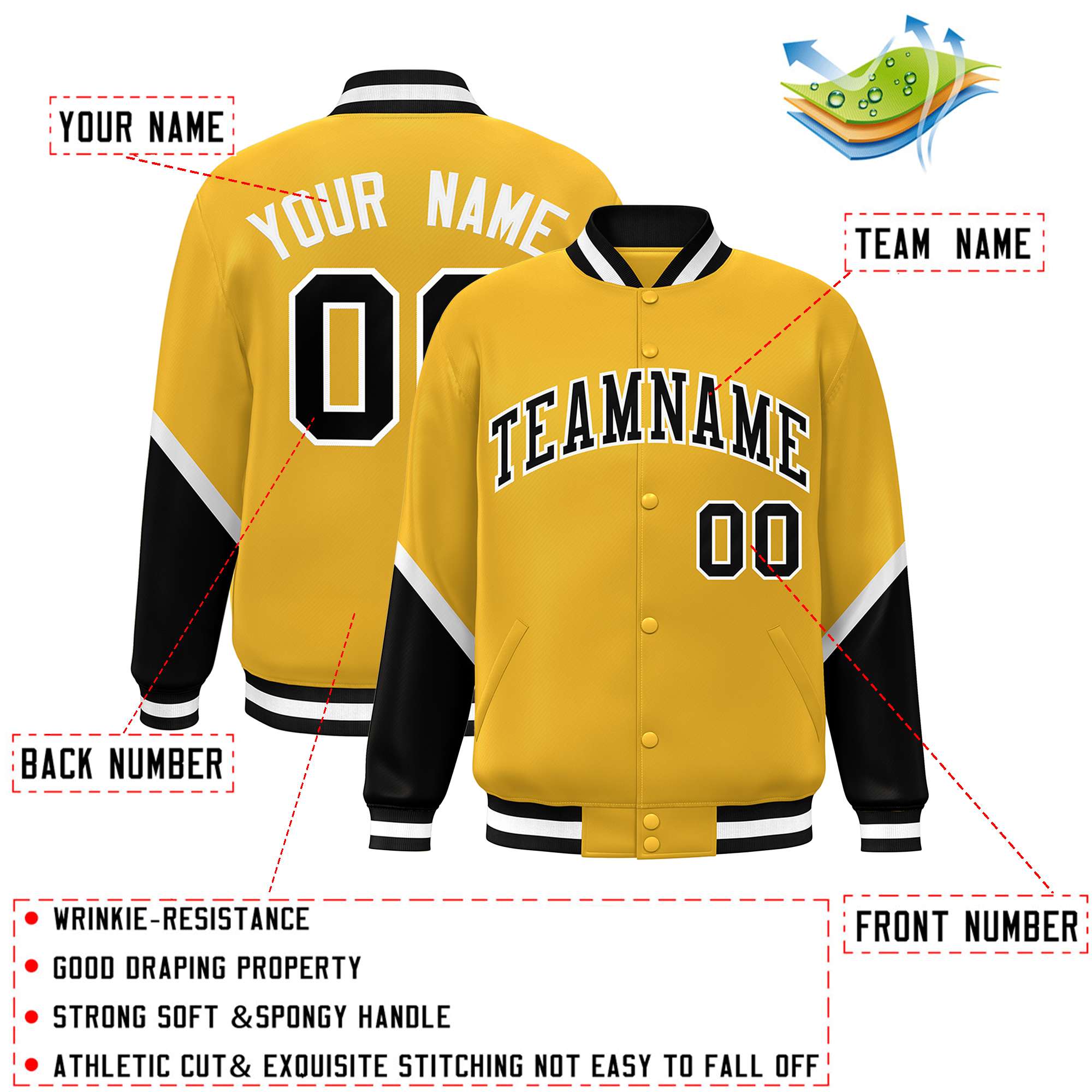 Custom Gold Black Varsity Full-Snap Color Block Letterman Baseball Jacket