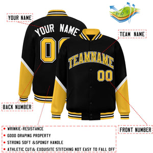 Custom Black Gold Varsity Full-Snap Color Block Letterman Baseball Jacket