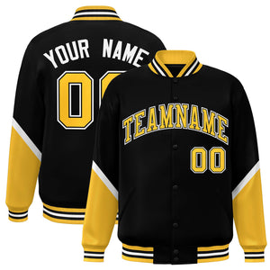 Custom Black Gold Varsity Full-Snap Color Block Letterman Baseball Jacket