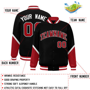 Custom Black Red Varsity Full-Snap Color Block Letterman Baseball Jacket