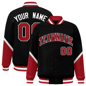 Custom Black Red Varsity Full-Snap Color Block Letterman Baseball Jacket