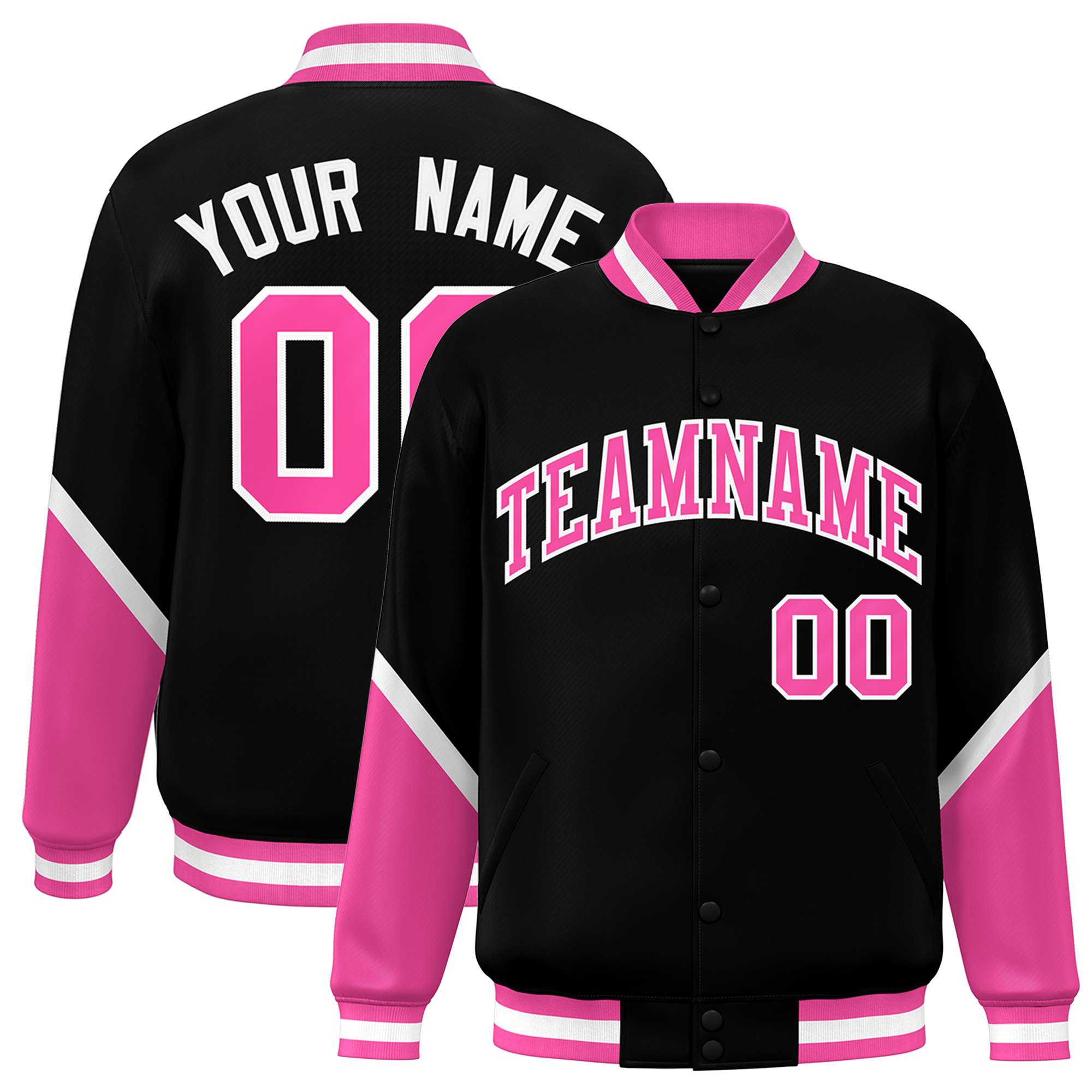 Custom Black Pink Varsity Full-Snap Color Block Letterman Baseball Jacket