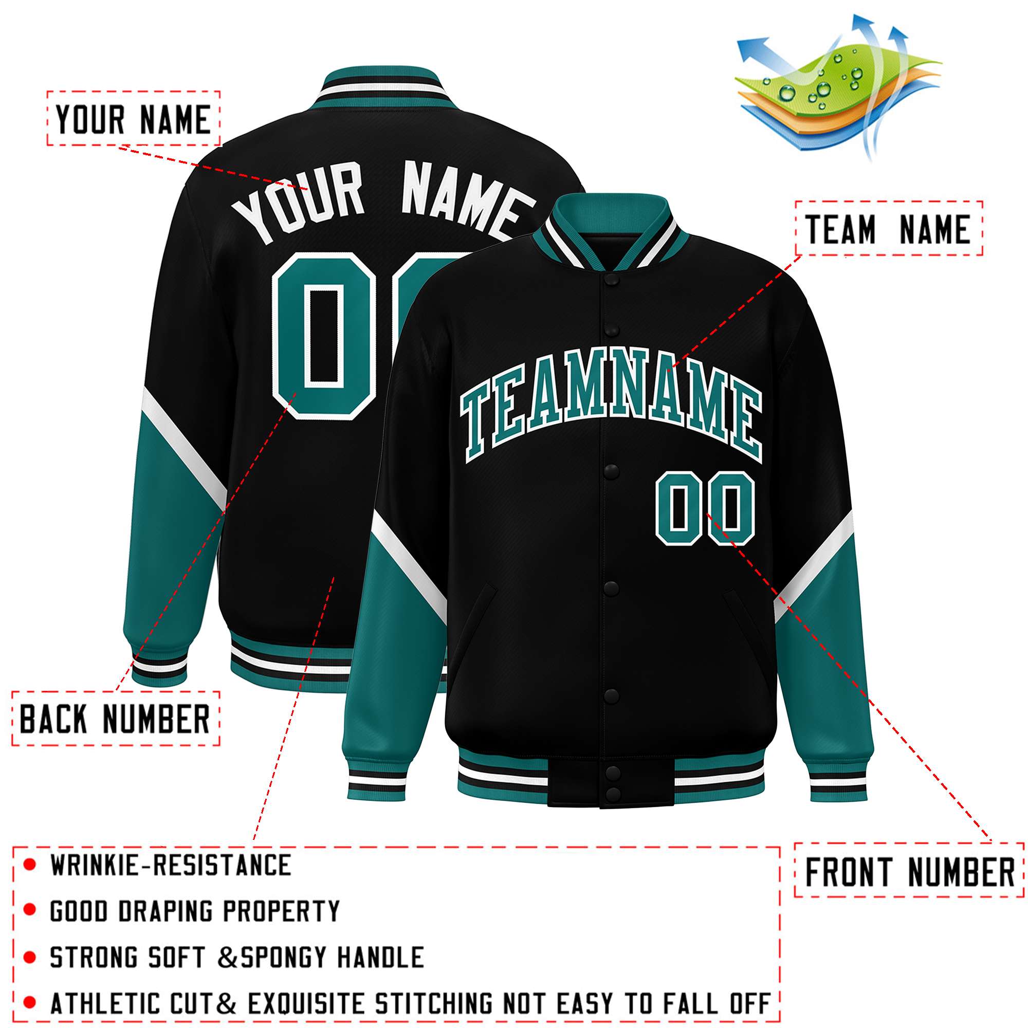 Custom Black Aqua Varsity Full-Snap Color Block Letterman Baseball Jacket