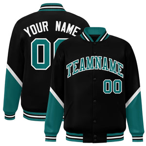 Custom Black Aqua Varsity Full-Snap Color Block Letterman Baseball Jacket