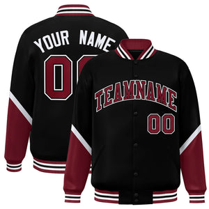 Custom Black Crimson Varsity Full-Snap Color Block Letterman Baseball Jacket