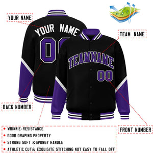 Custom Black Purple Varsity Full-Snap Color Block Letterman Baseball Jacket