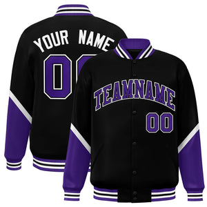 Custom Black Purple Varsity Full-Snap Color Block Letterman Baseball Jacket