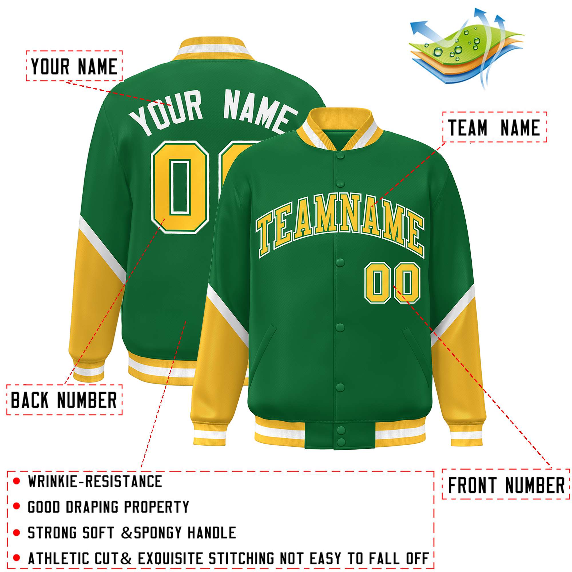 Custom Kelly Green Gold Varsity Full-Snap Color Block Letterman Baseball Jacket