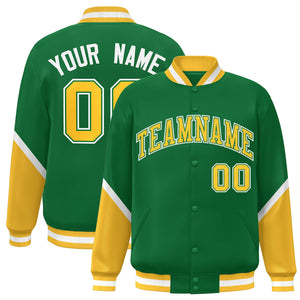 Custom Kelly Green Gold Varsity Full-Snap Color Block Letterman Baseball Jacket