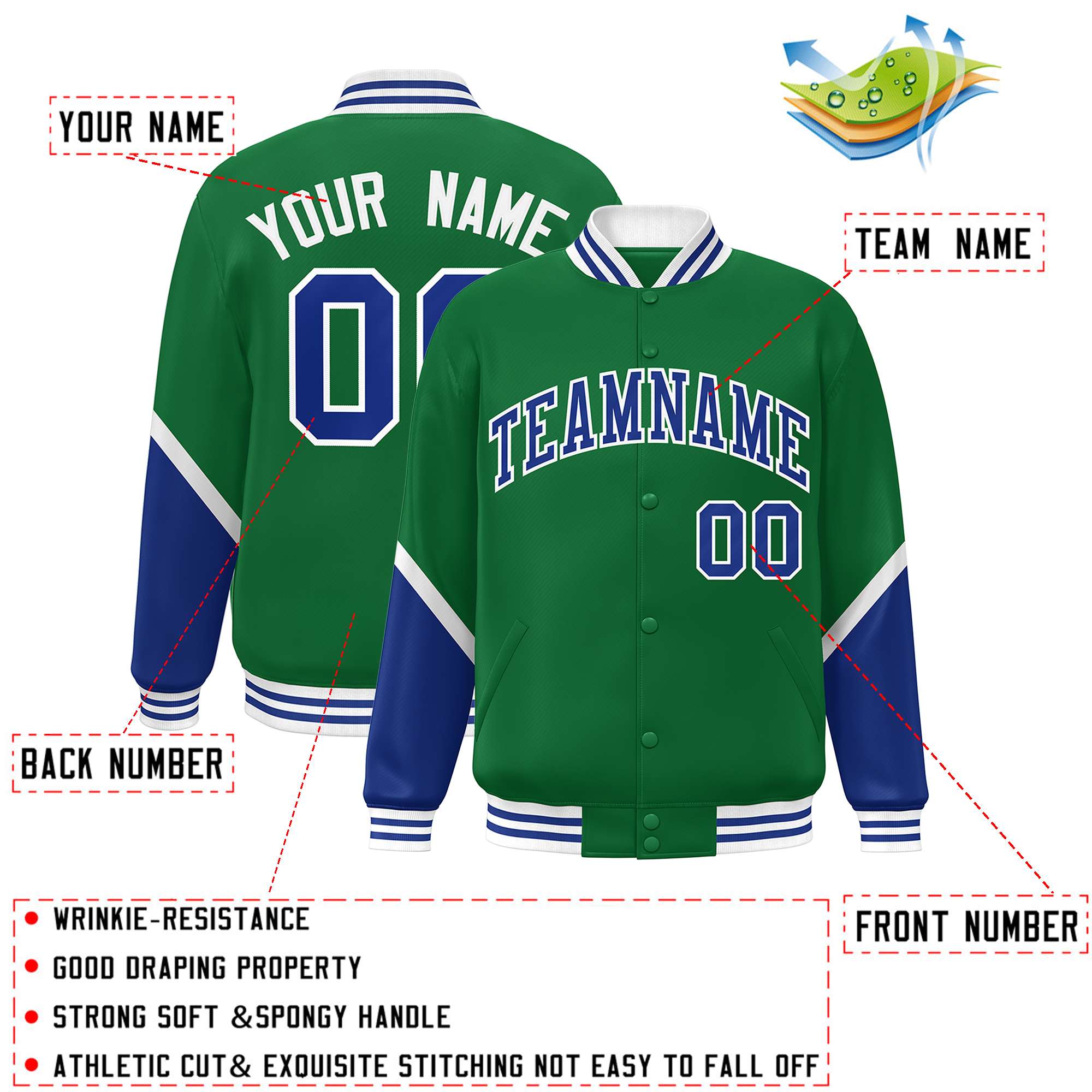 Custom Kelly Green Royal Varsity Full-Snap Color Block Letterman Baseball Jacket