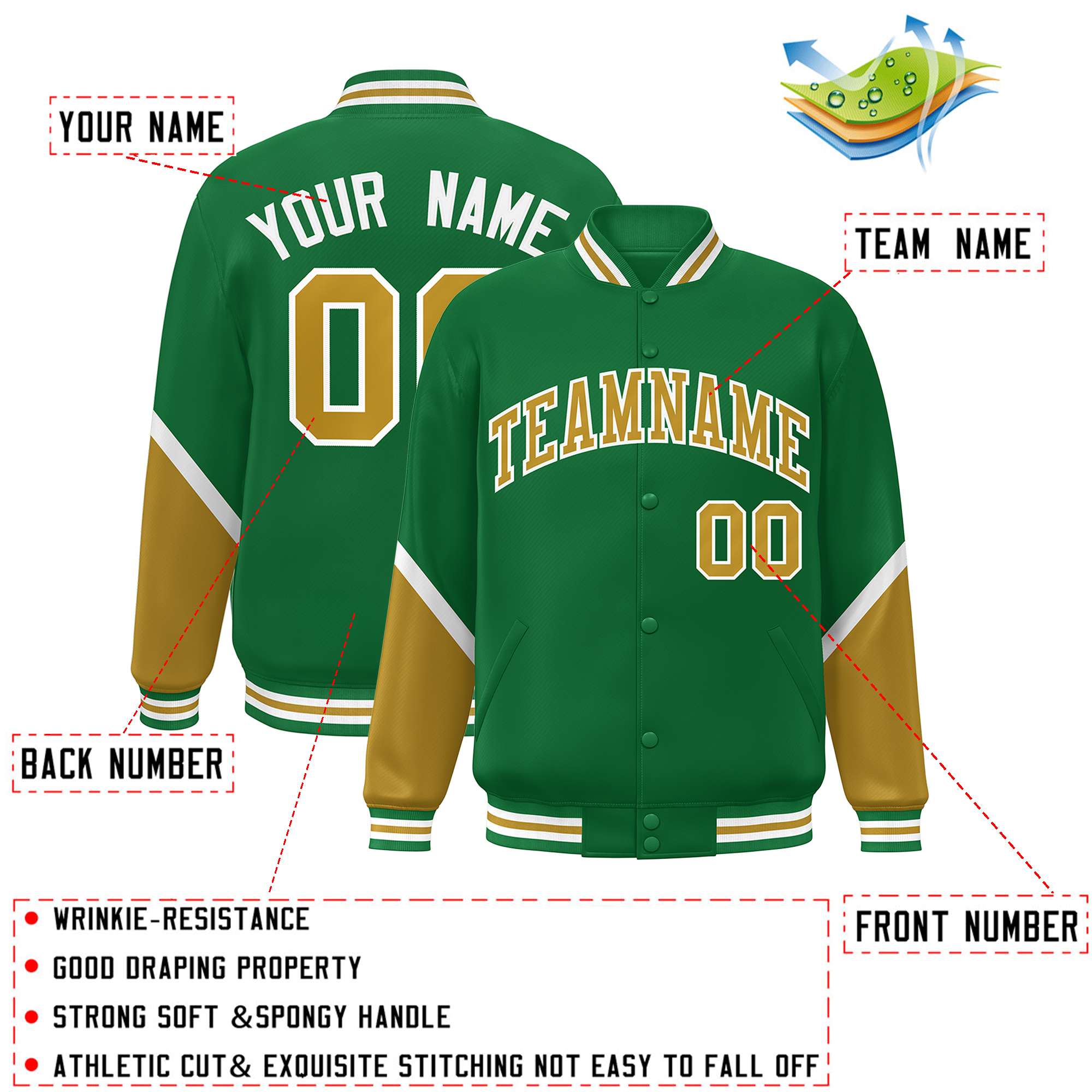 Custom Kelly Green Old Gold Varsity Full-Snap Color Block Letterman Baseball Jacket