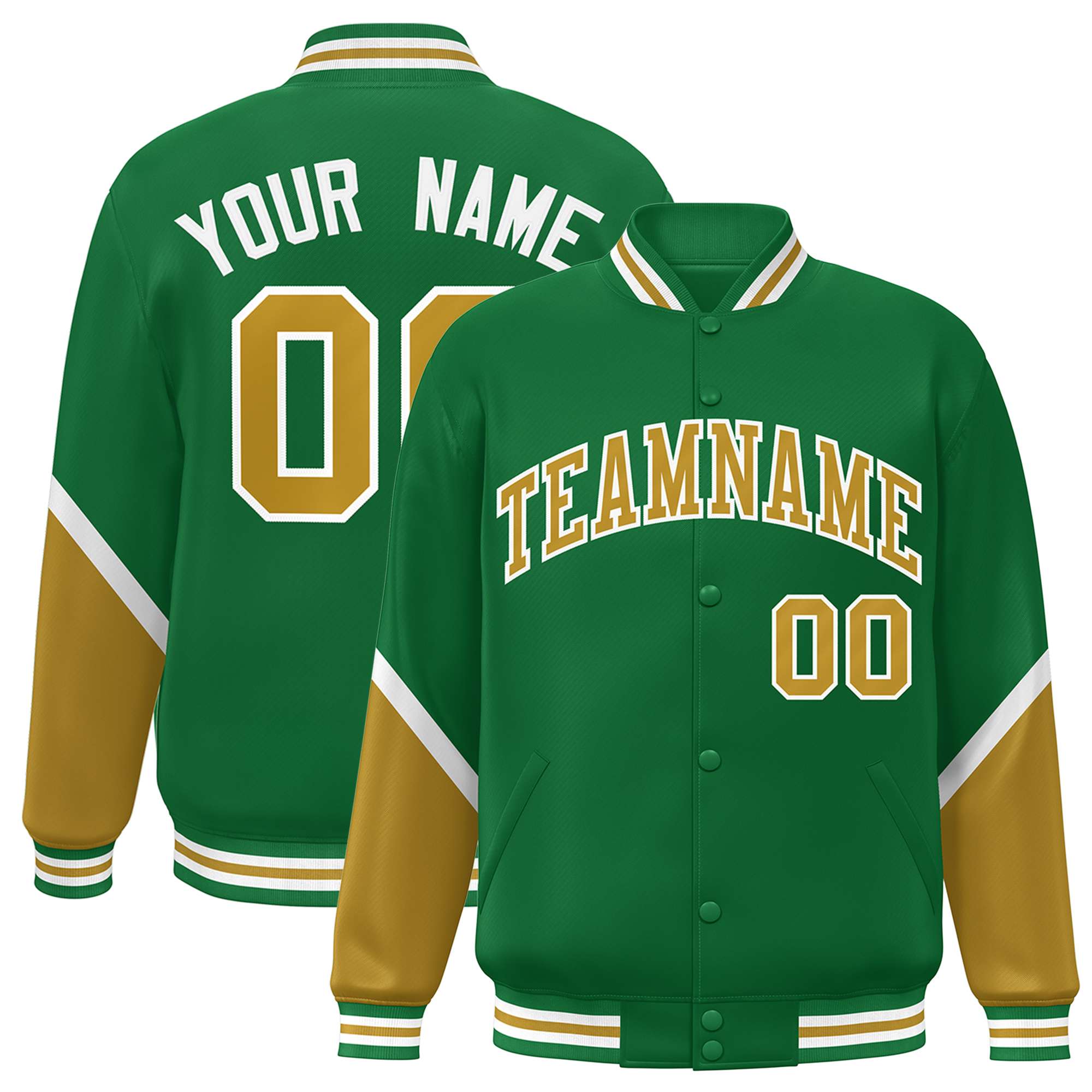 Custom Kelly Green Old Gold Varsity Full-Snap Color Block Letterman Baseball Jacket