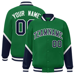 Custom Kelly Green Navy Varsity Full-Snap Color Block Letterman Baseball Jacket