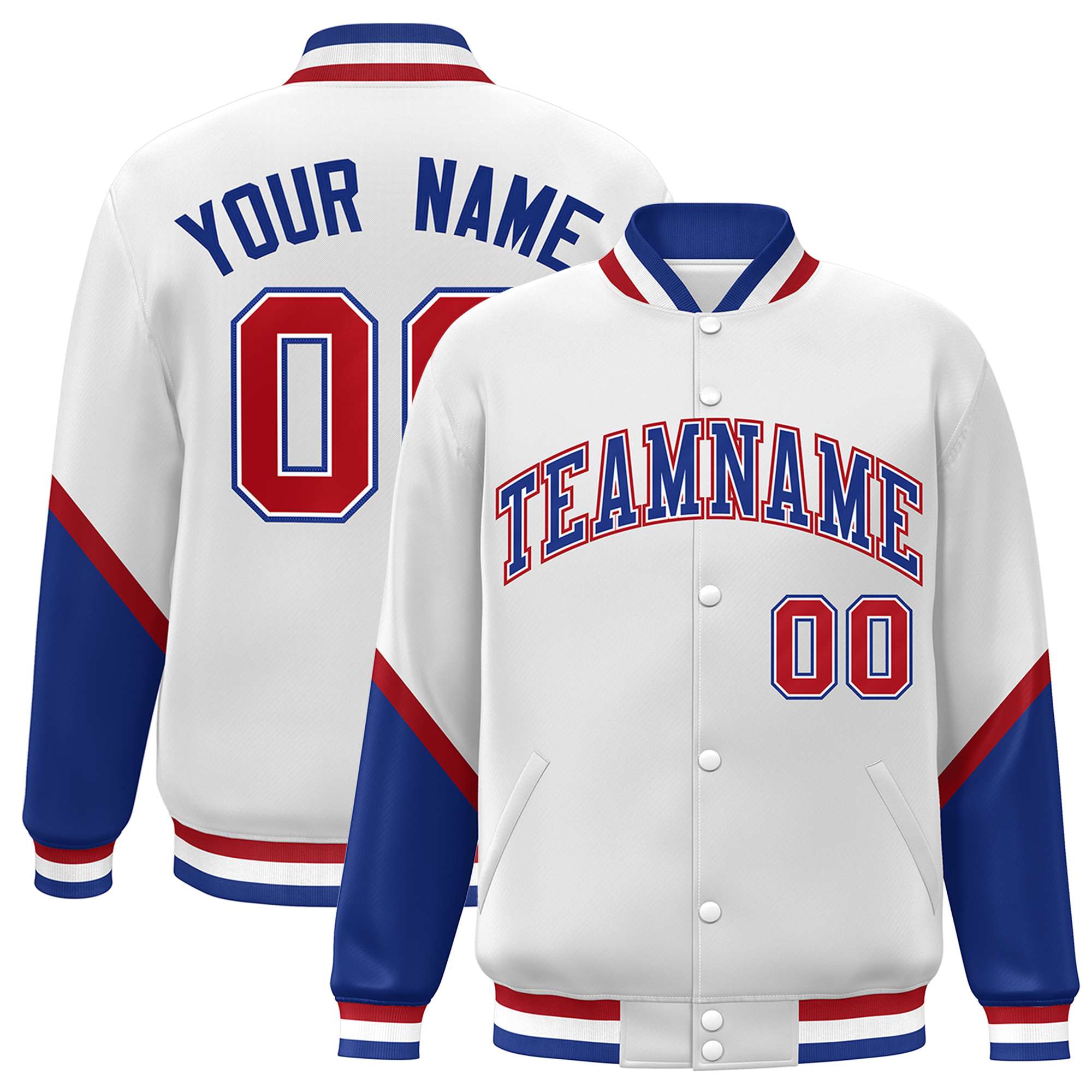 Custom White Royal Varsity Full-Snap Color Block Letterman Baseball Jacket