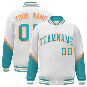 Custom White Aqua Varsity Full-Snap Color Block Letterman Baseball Jacket