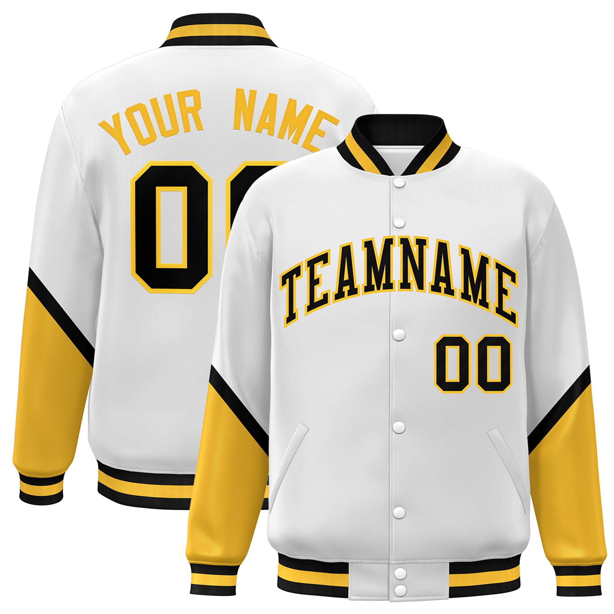 Custom White Gold Varsity Full-Snap Color Block Letterman Baseball Jacket