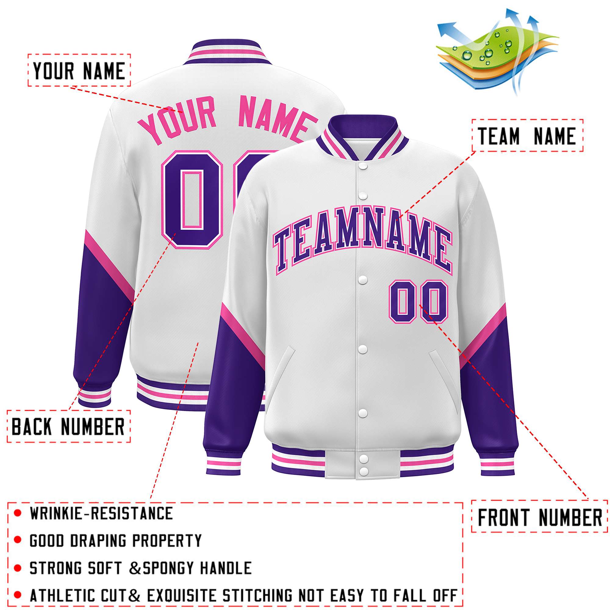 Custom White Purple Varsity Full-Snap Color Block Letterman Baseball Jacket