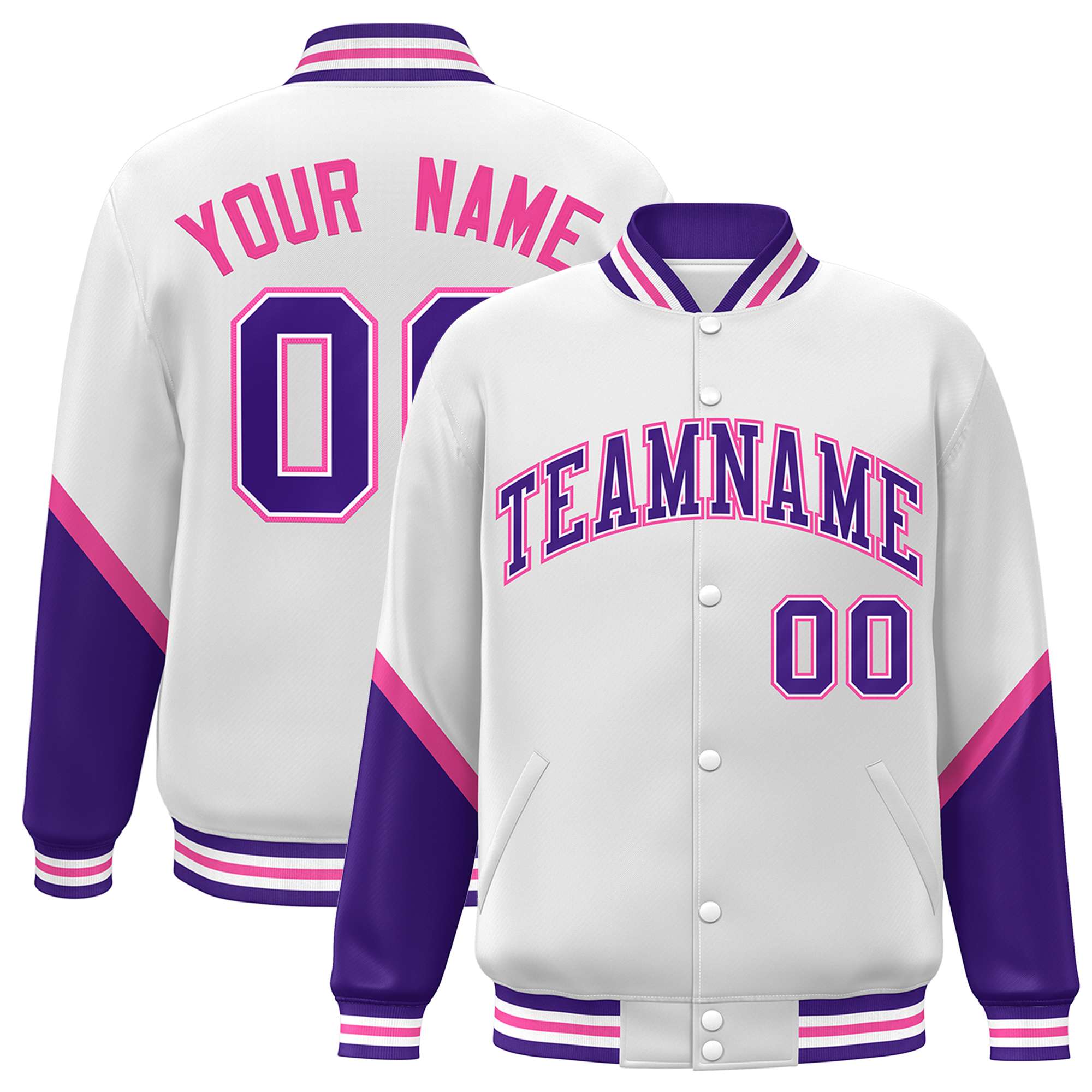 Custom White Purple Varsity Full-Snap Color Block Letterman Baseball Jacket