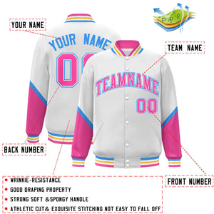 Custom White Pink Varsity Full-Snap Color Block Letterman Baseball Jacket