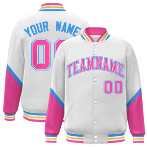 Custom White Pink Varsity Full-Snap Color Block Letterman Baseball Jacket