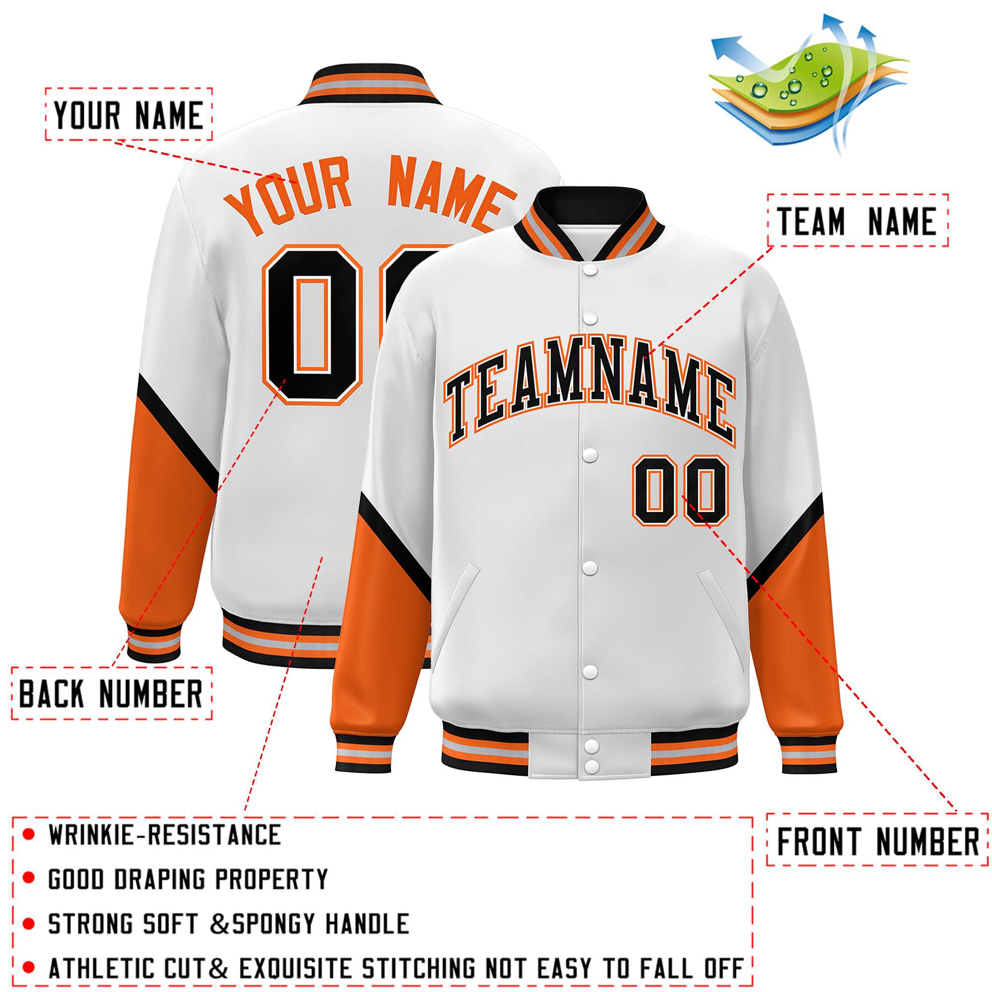 Custom White Orange Varsity Full-Snap Color Block Letterman Baseball Jacket