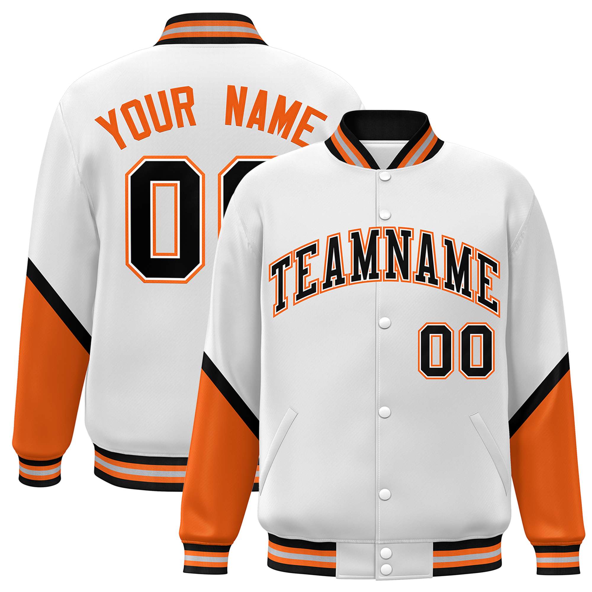 Custom White Orange Varsity Full-Snap Color Block Letterman Baseball Jacket