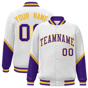 Custom White Purple Varsity Full-Snap Color Block Letterman Baseball Jacket