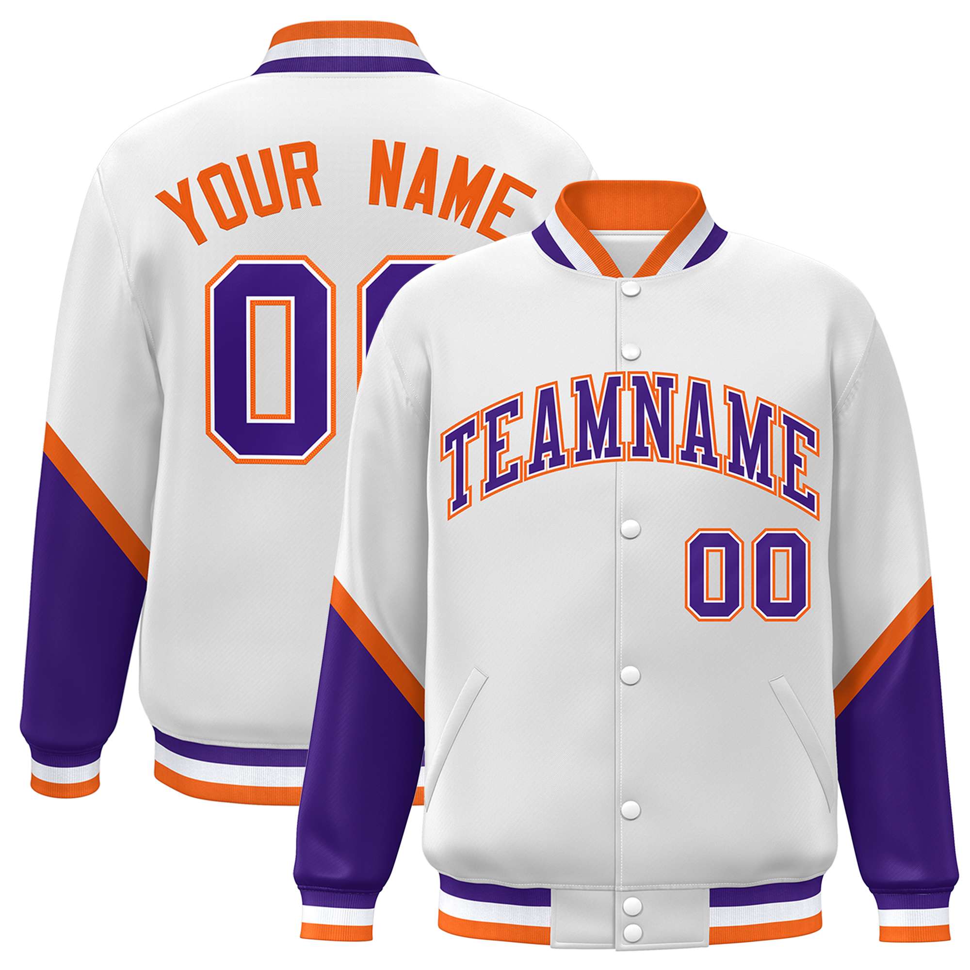 Custom White Purple Varsity Full-Snap Color Block Letterman Baseball Jacket