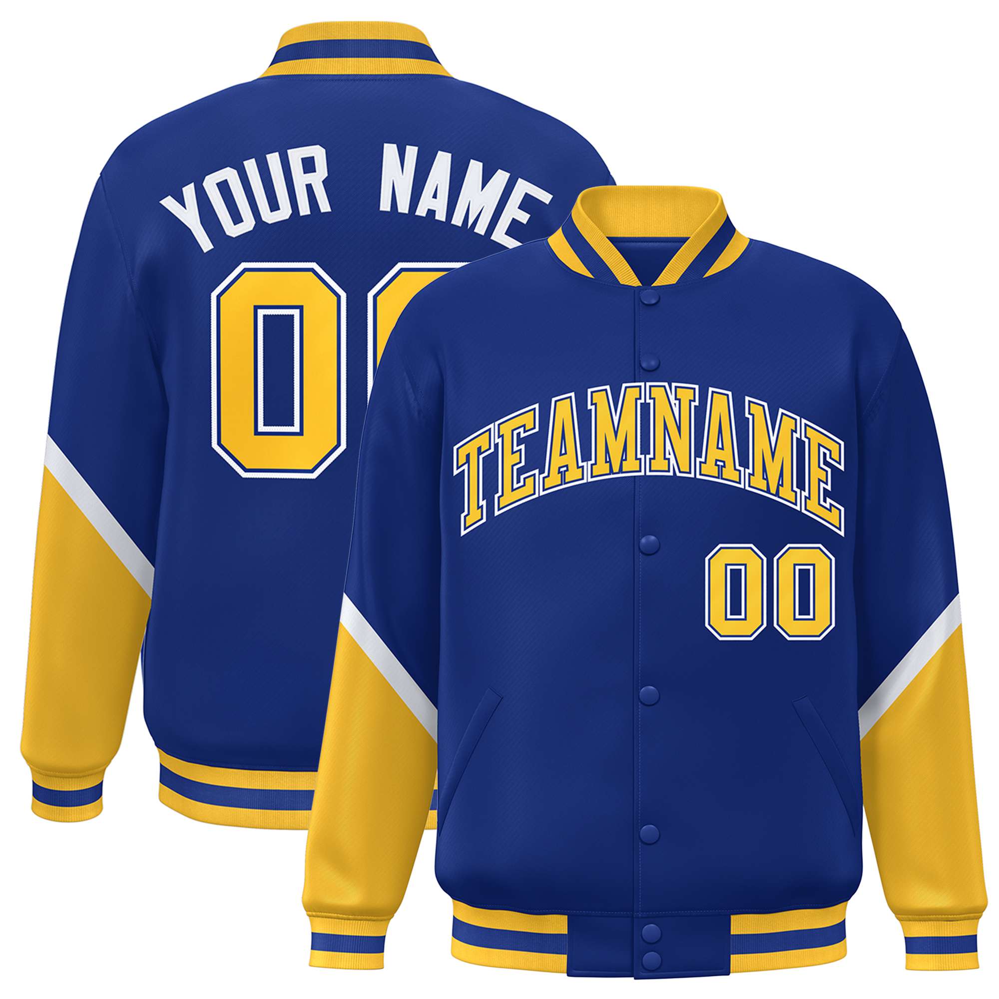 Custom Royal Gold Varsity Full-Snap Color Block Letterman Baseball Jacket