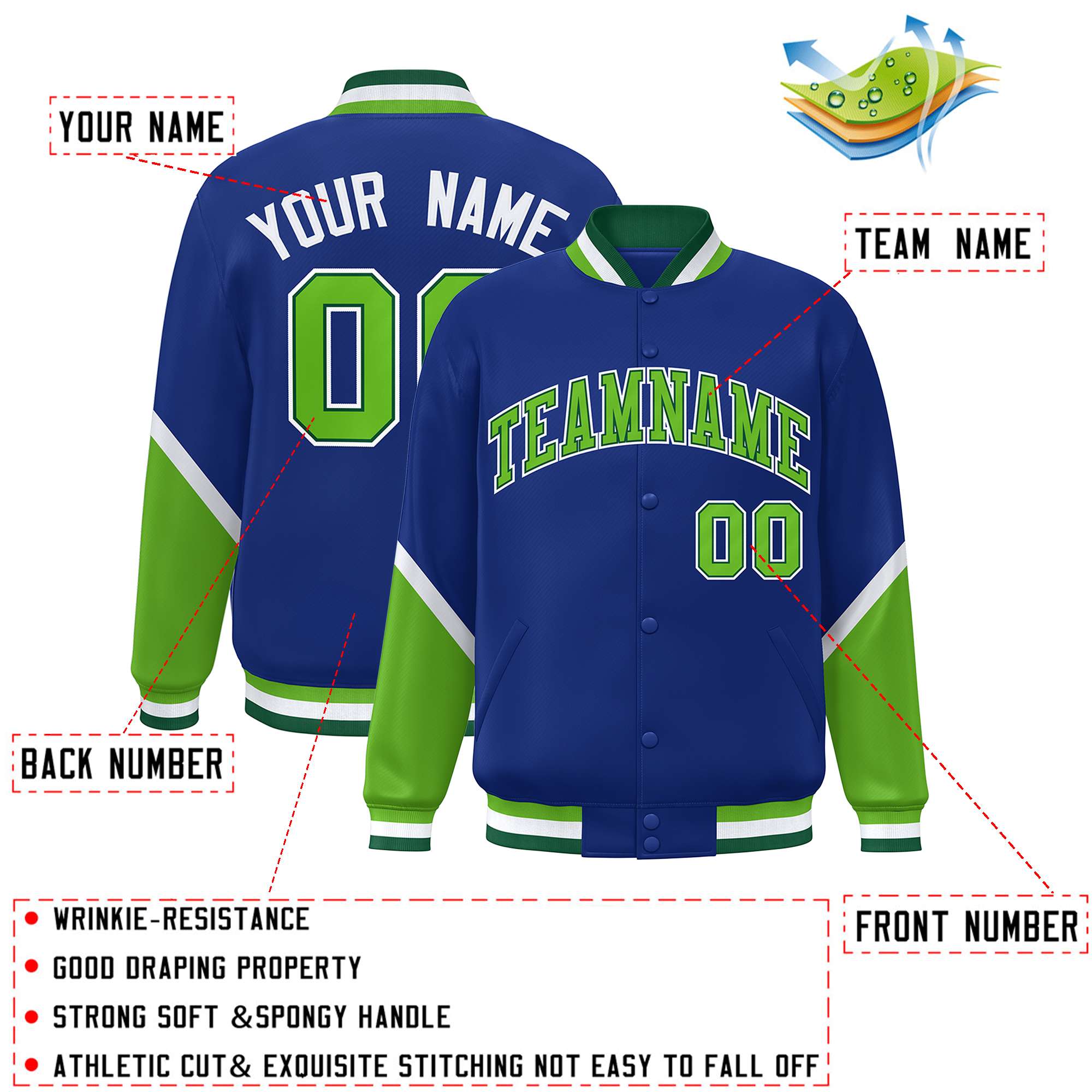 Custom Royal Green Varsity Full-Snap Color Block Letterman Baseball Jacket