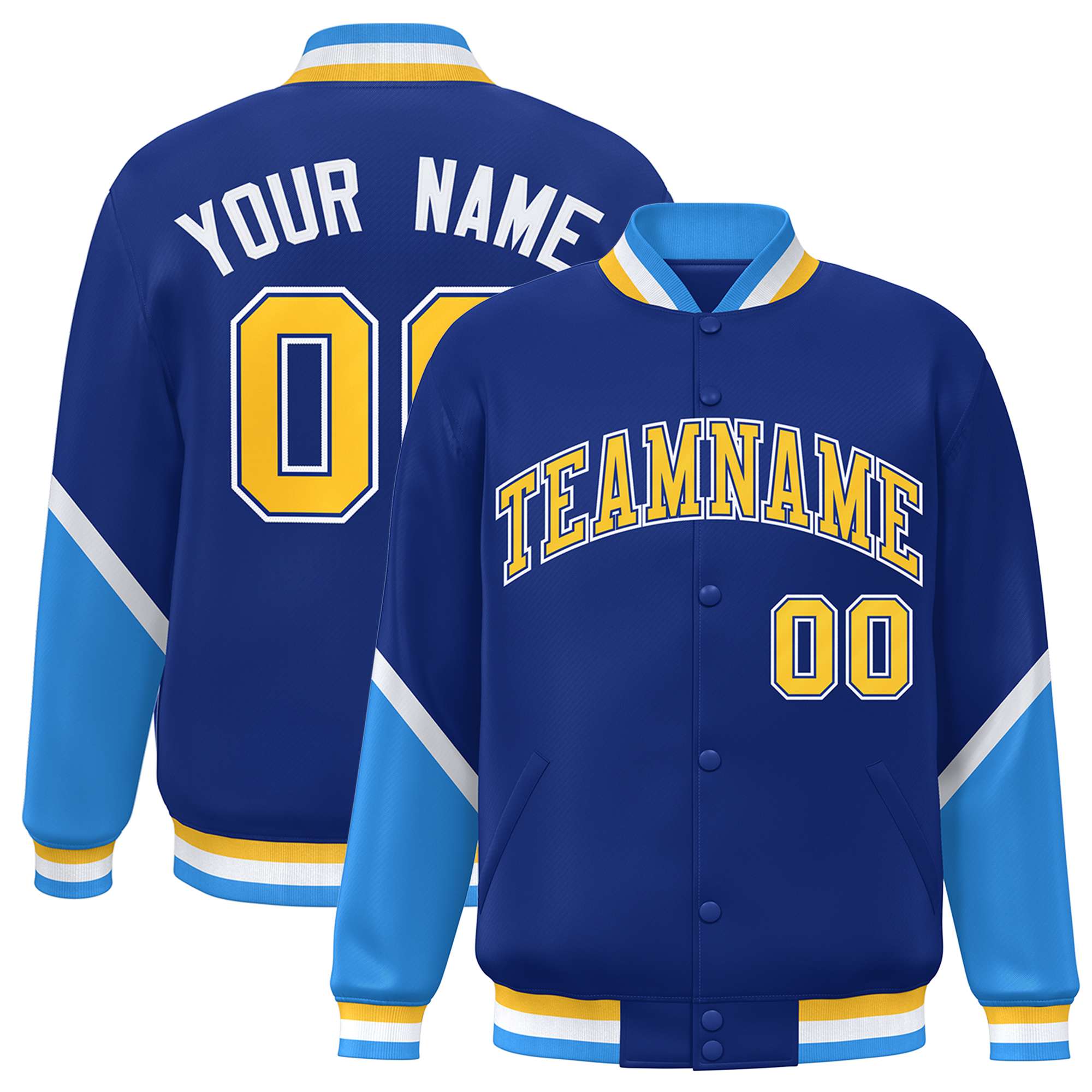 Custom Royal Powder Blue Varsity Full-Snap Color Block Letterman Baseball Jacket