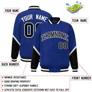 Custom Royal Black Varsity Full-Snap Color Block Letterman Baseball Jacket