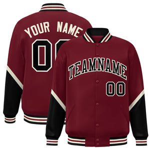 Custom Crimson Black Varsity Full-Snap Color Block Letterman Baseball Jacket