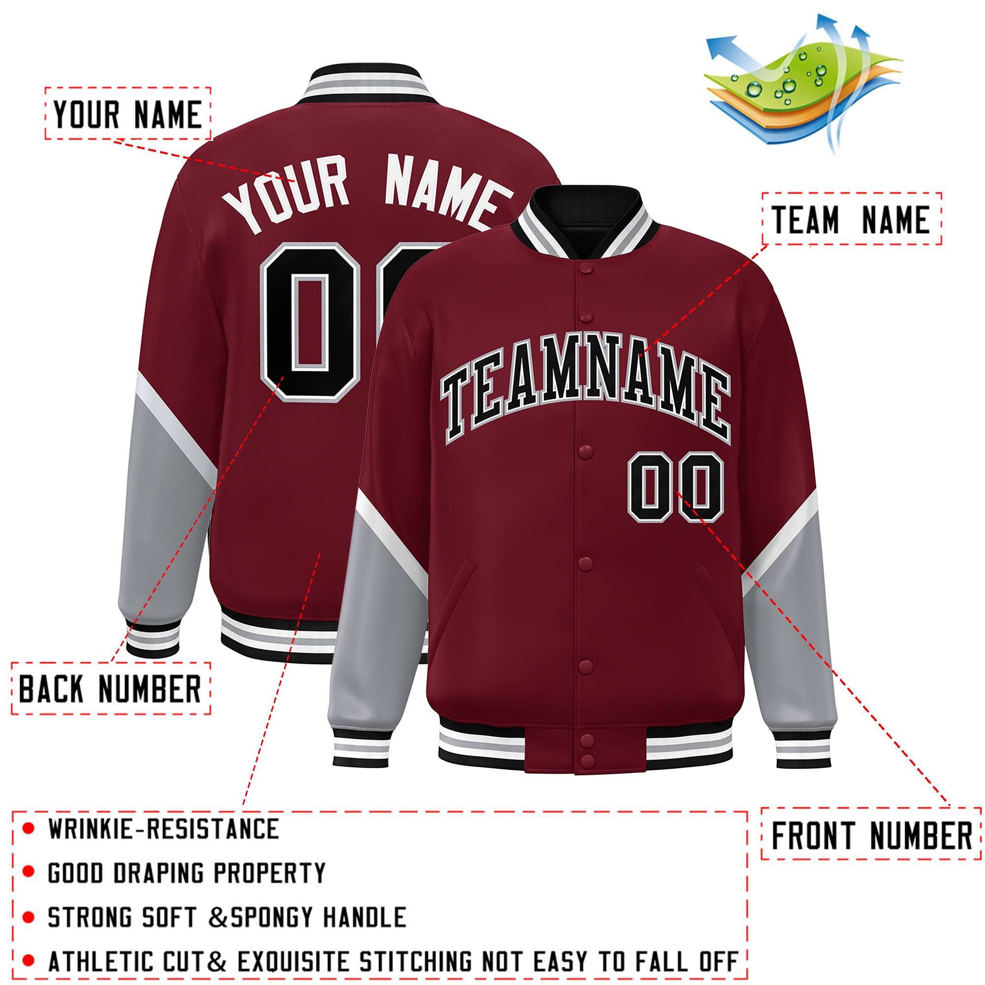 Custom Crimson Gray Varsity Full-Snap Color Block Letterman Baseball Jacket