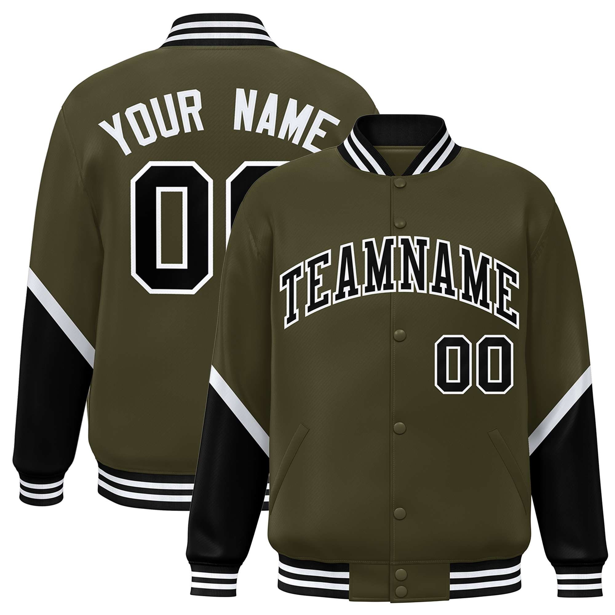 Custom Olive Black Varsity Full-Snap Color Block Letterman Baseball Jacket