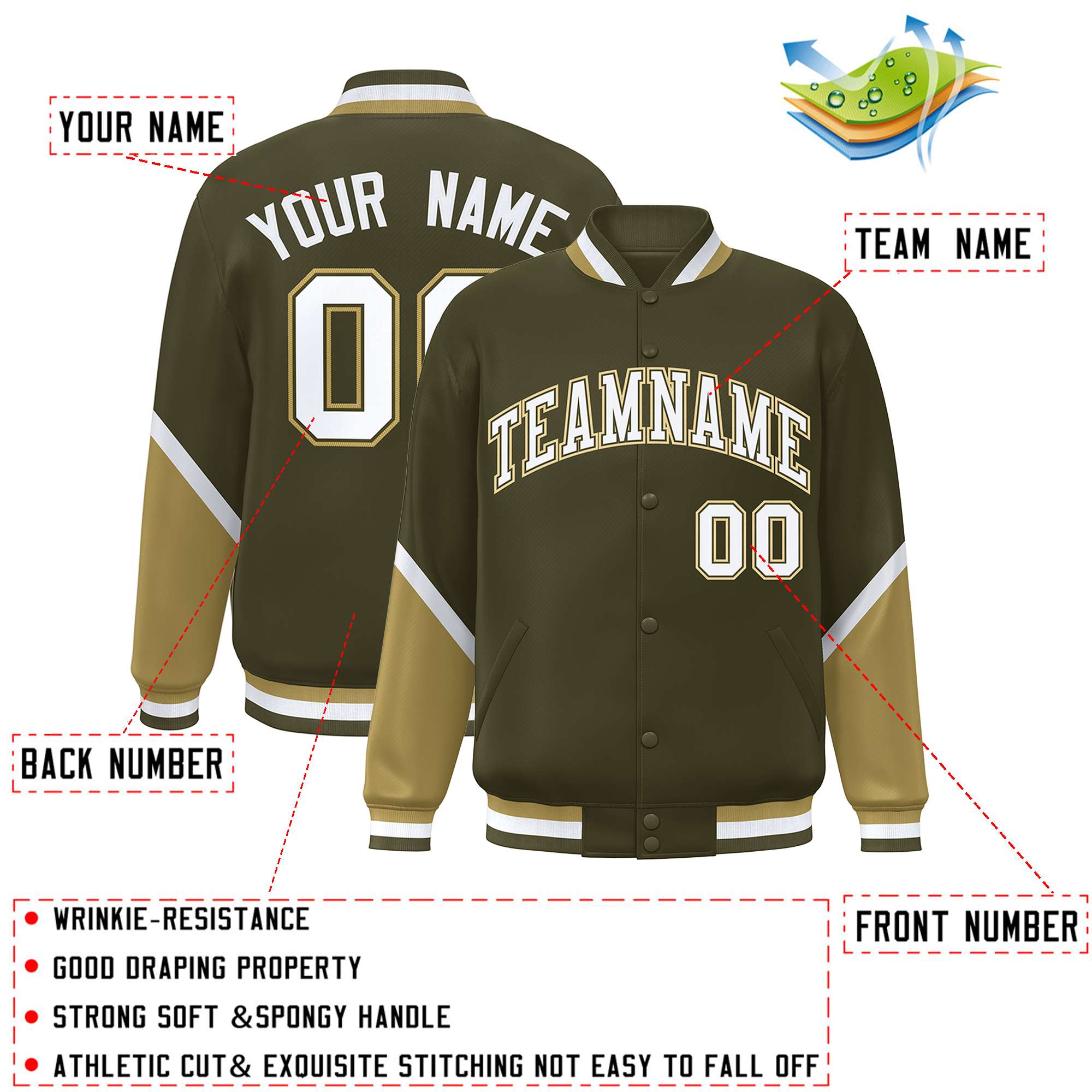 Custom Olive Desert Yellow Varsity Full-Snap Color Block Letterman Baseball Jacket