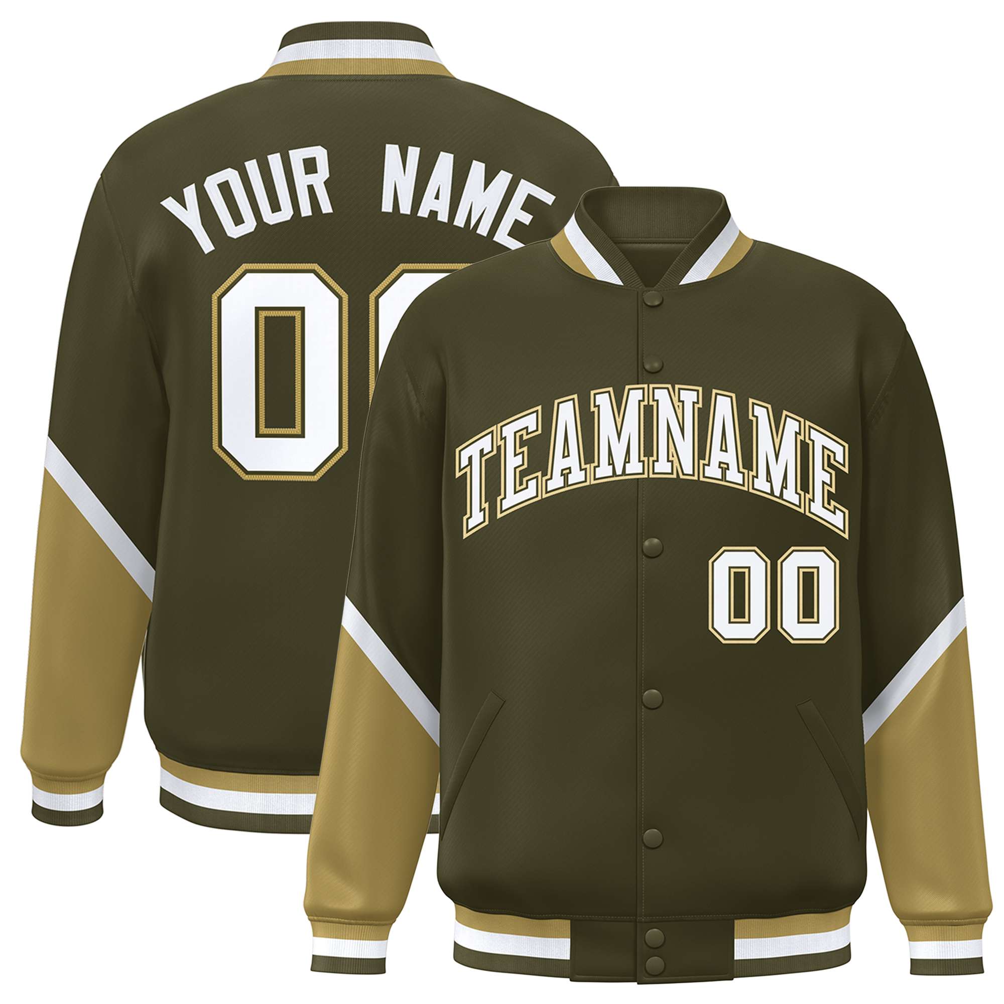 Custom Olive Desert Yellow Varsity Full-Snap Color Block Letterman Baseball Jacket