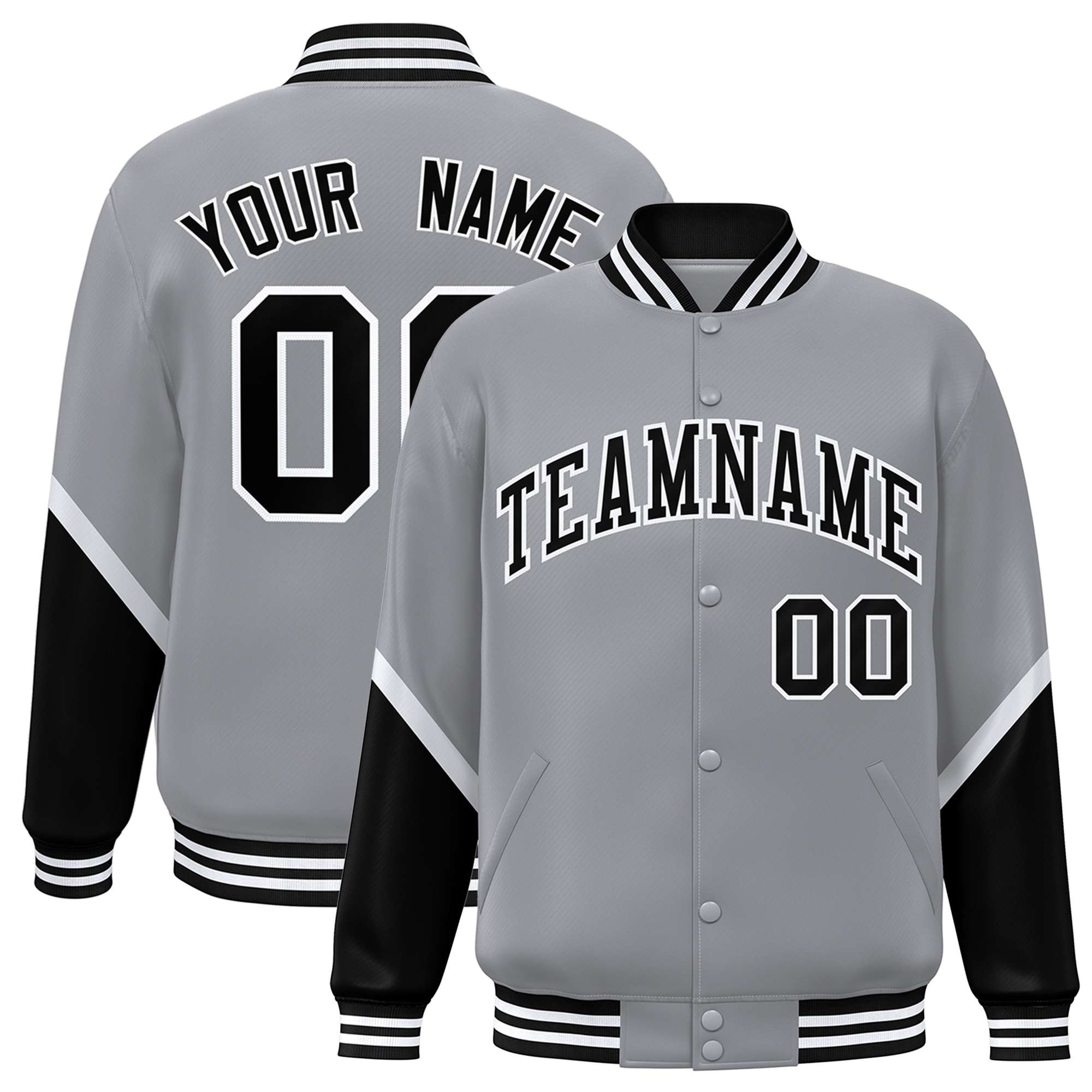 Custom Gray Black Varsity Full-Snap Color Block Letterman Baseball Jacket