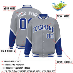 Custom Gray Royal Varsity Full-Snap Color Block Letterman Baseball Jacket