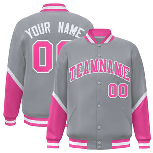 Custom Gray Pink Varsity Full-Snap Color Block Letterman Baseball Jacket