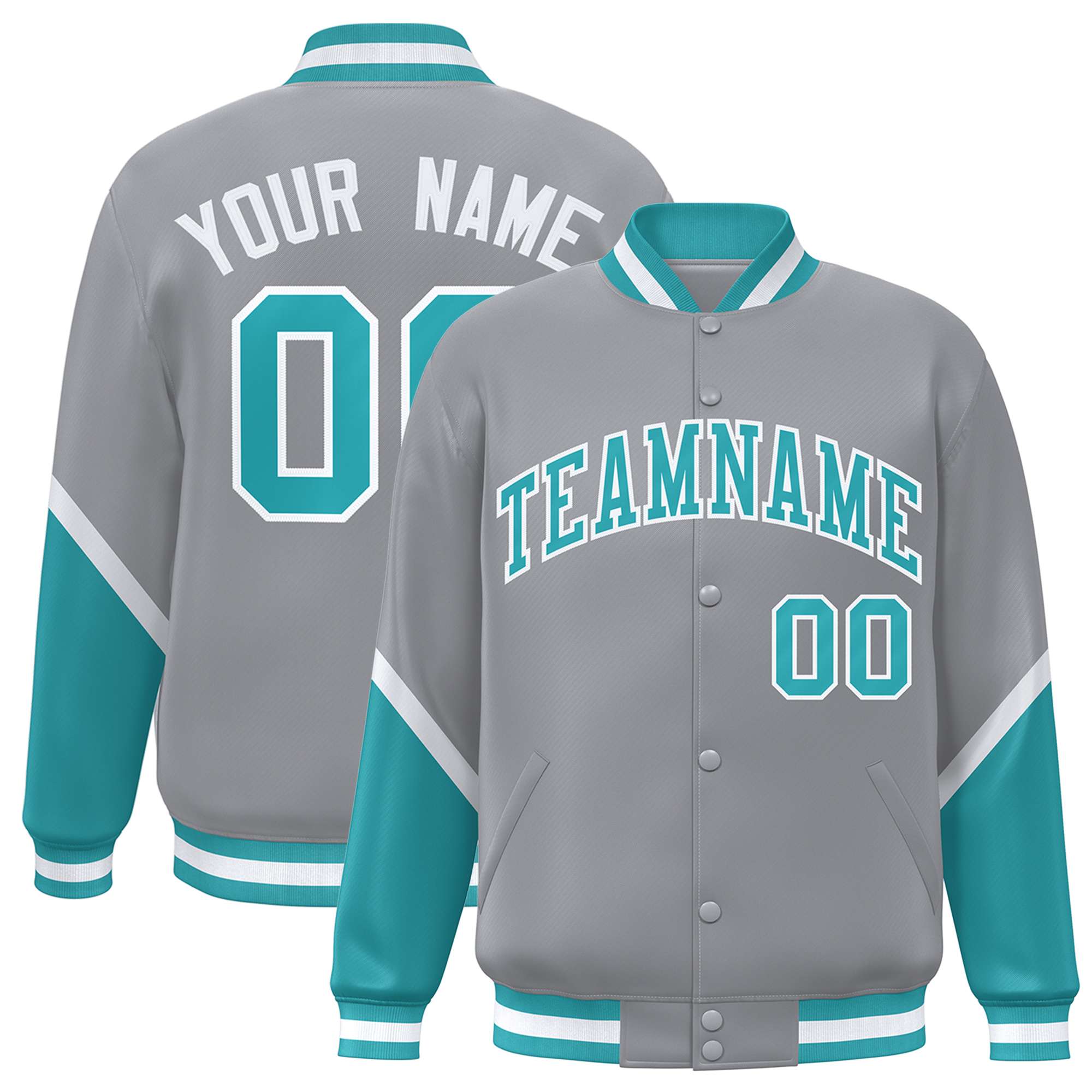 Custom Gray Aqua Varsity Full-Snap Color Block Letterman Baseball Jacket