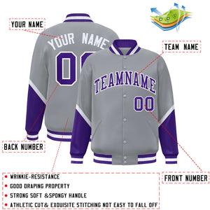 Custom Gray Purple Varsity Full-Snap Color Block Letterman Baseball Jacket