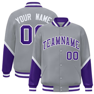 Custom Gray Purple Varsity Full-Snap Color Block Letterman Baseball Jacket