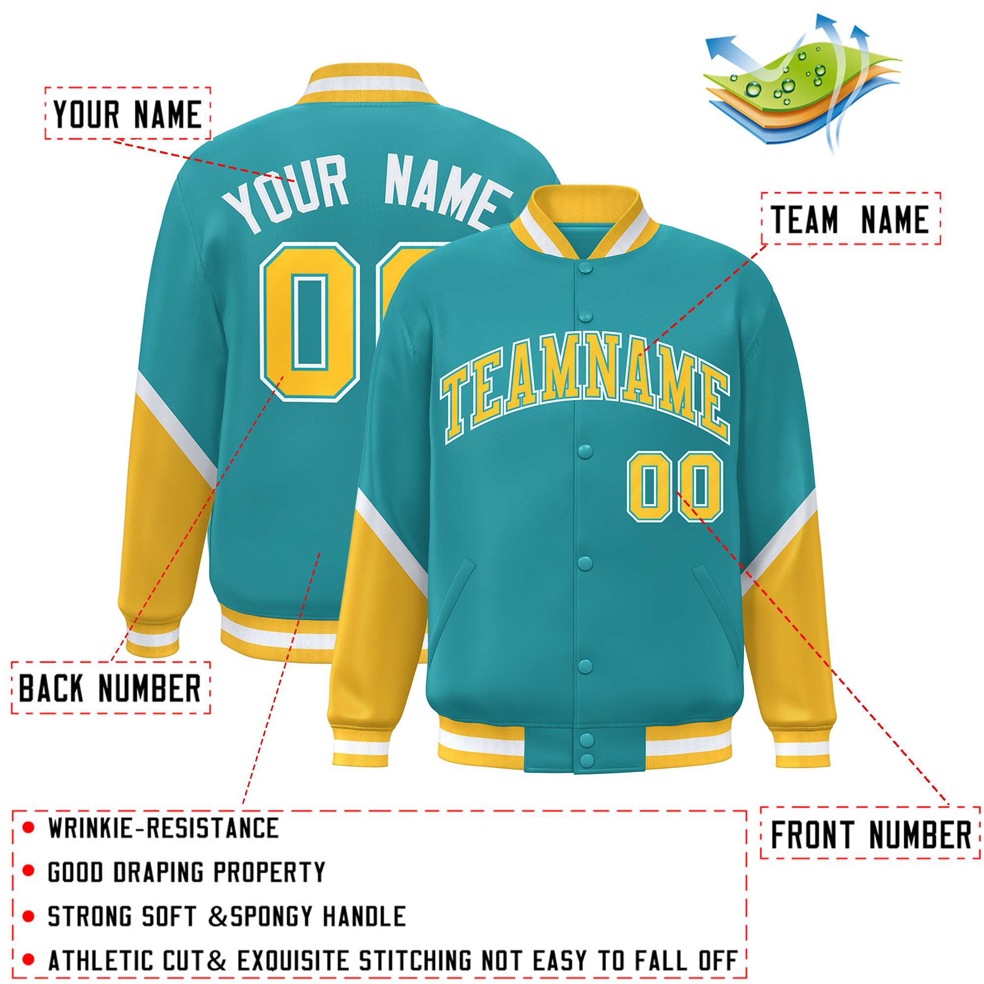 Custom Aqua Gold Varsity Full-Snap Color Block Letterman Baseball Jacket