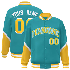 Custom Aqua Gold Varsity Full-Snap Color Block Letterman Baseball Jacket